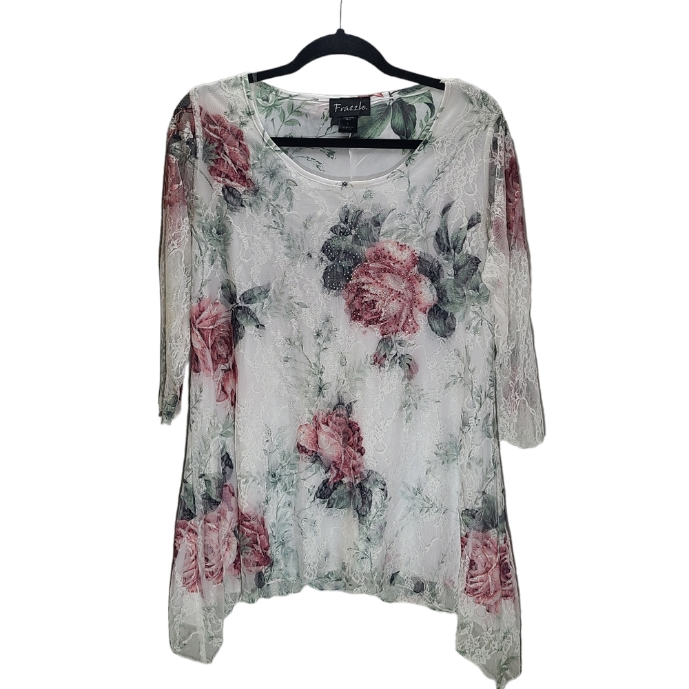 Frazzle 3/4 Sleeve Floral & Lace Lined Tunic Top, Size Large